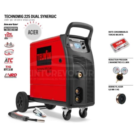 Pack professionnel Telwin Technomig 225 Dual Synergic – poste à souder complet