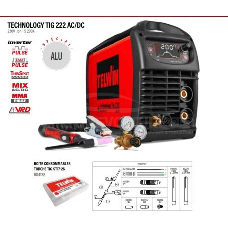 Pack professionnel Telwin Technology TIG 222 AC/DC + kit consommables torche TIG ST17-26